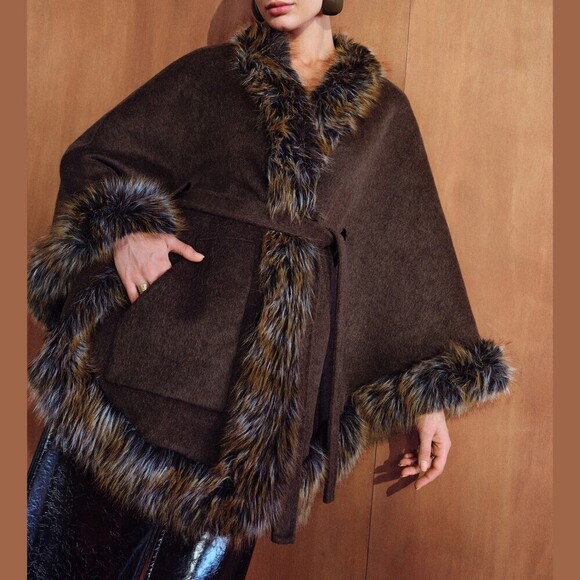 JEOX. Jackets & Blazers - Brown Wool Blend Faux Fur Trim Belted Waterfall Cape Coat